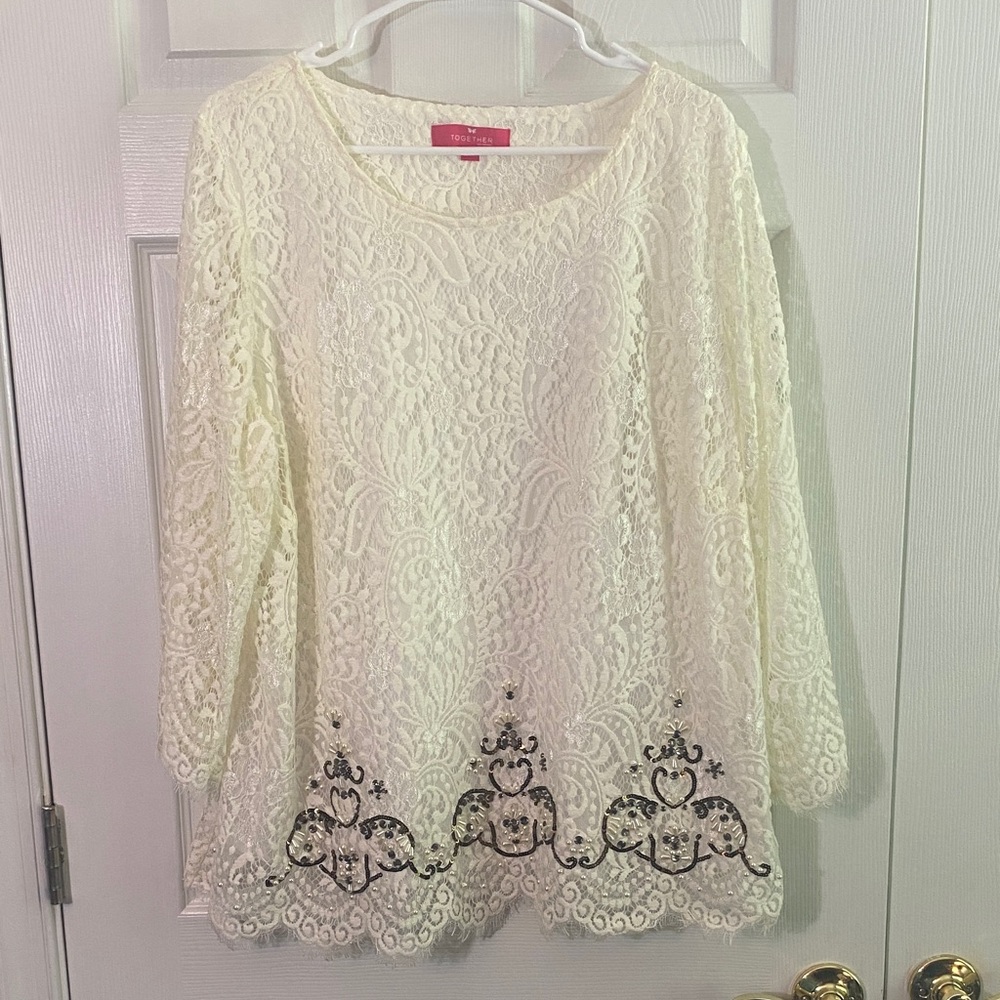 Together Cream crochet Lace Tunic with gold pearl sequences Hem